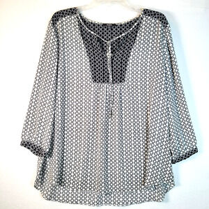 NYDJ Womens Geometric Popover Lightweight Sheer Top Blouse Size XL Black Summer